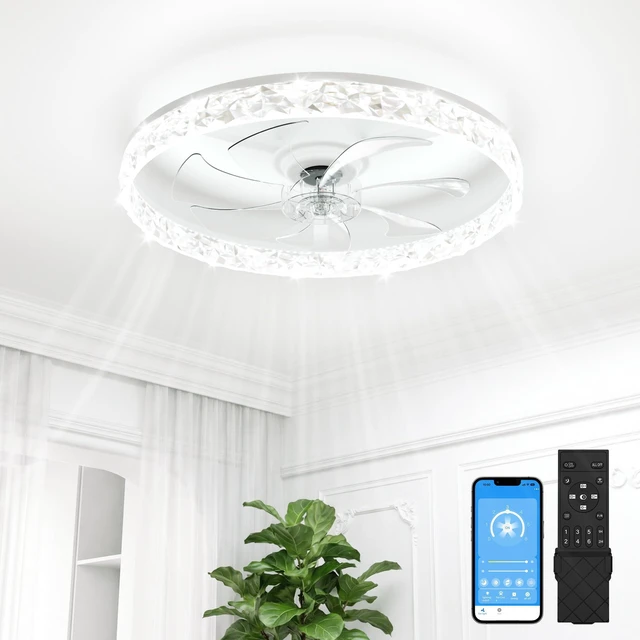 Main image of Low Profile Ceiling Fan with Lights and Remote, No Assembly, 24in Modern Ceiling Fans Flush Mount, 3000K-6500K Dimmable Bladeless LED Fan Light, White Fandelier Ceiling Fans for Bedroom