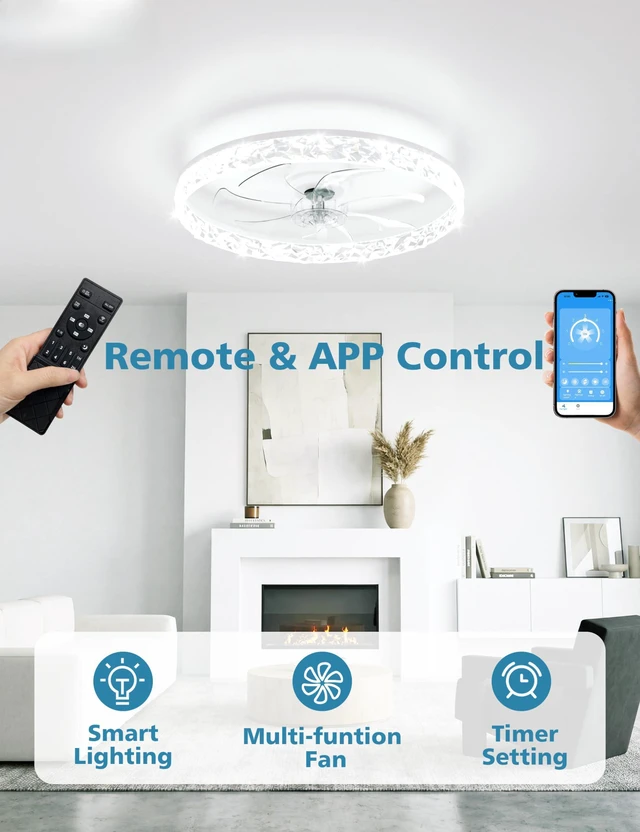 Alt view image 4 of 6 - Low Profile Ceiling Fan with Lights and Remote, No Assembly, 24in Modern Ceiling Fans Flush Mount, 3000K-6500K Dimmable Bladeless LED Fan Light, White Fandelier Ceiling Fans for Bedroom