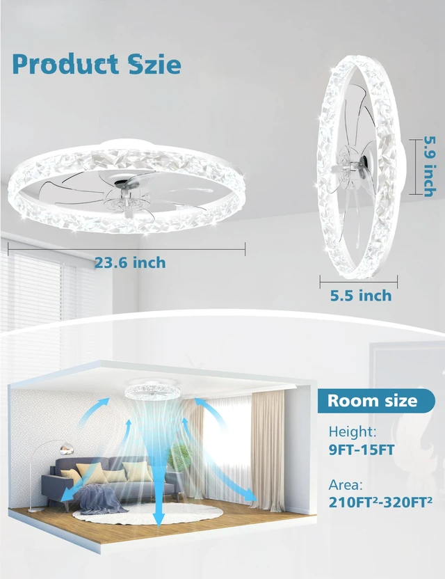 Alt view image 6 of 6 - Low Profile Ceiling Fan with Lights and Remote, No Assembly, 24in Modern Ceiling Fans Flush Mount, 3000K-6500K Dimmable Bladeless LED Fan Light, White Fandelier Ceiling Fans for Bedroom
