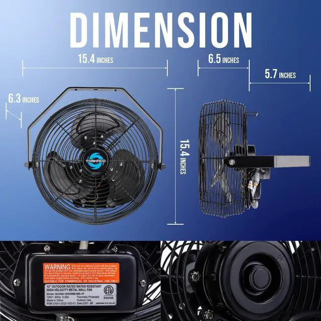 Alt view image 2 of 7 - 12 Inch Outdoor Water-Resistant Metal Industrial Wall Mounted Fan IPX4 Rated High Velocity Wall Fan For Commercial, Industrial, Residential, 3 Speed 6.6 FT Cord cETL Safety Listed, Black