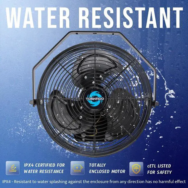 Alt view image 3 of 7 - 12 Inch Outdoor Water-Resistant Metal Industrial Wall Mounted Fan IPX4 Rated High Velocity Wall Fan For Commercial, Industrial, Residential, 3 Speed 6.6 FT Cord cETL Safety Listed, Black