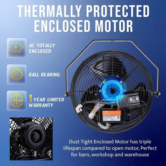 Alt view image 5 of 7 - 12 Inch Outdoor Water-Resistant Metal Industrial Wall Mounted Fan IPX4 Rated High Velocity Wall Fan For Commercial, Industrial, Residential, 3 Speed 6.6 FT Cord cETL Safety Listed, Black
