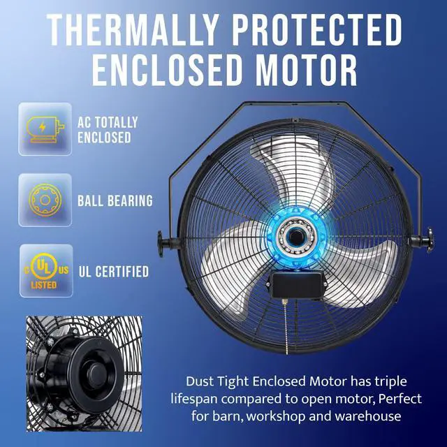 Alt view image 5 of 7 - - 18 Inch High Velocity Industrial Wall Fan with TEAO Enclosure Motor - 4000 CFM - 3 Speed - 6.5 FT Cord - Industrial, Commercial, Residential Use - UL Safety Listed