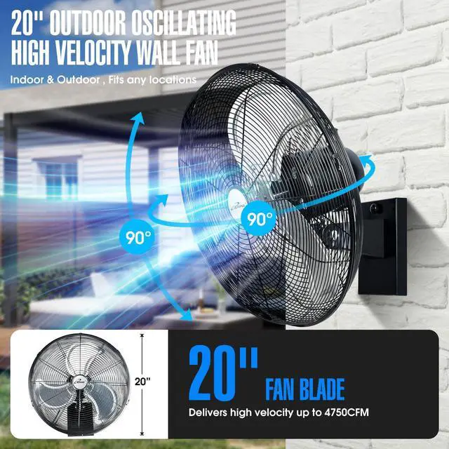 Alt view image 2 of 6 - 20" Outdoor Oscillating High Velocity Wall Fan with 4750 CFM Heavy Duty Weatherproof Motor, Variable Speed Adjustment for Workshop, Garage, Patios, Commercial and industrial, 20 inch,Black