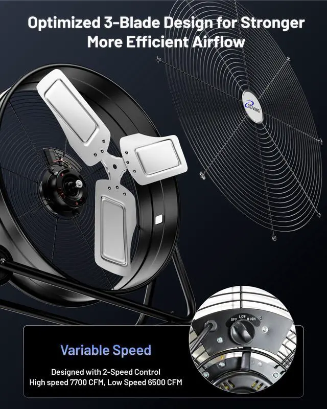Alt view image 3 of 7 - 24" High Velocity Drum Fan Industrial, Commercial, Residential Air Circulator for Garage, Shop, Patio, Barn, Greenhouse, Speed Control 7700CFM, UL Listed,Black