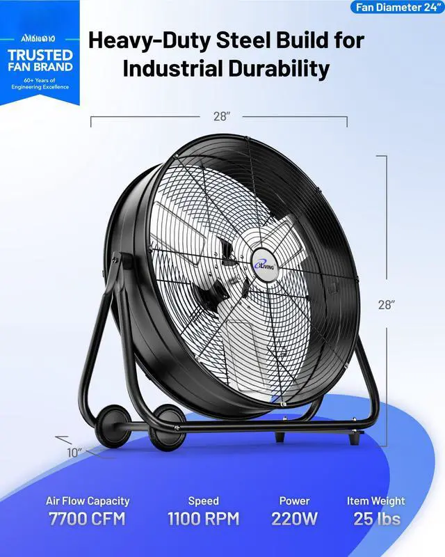 Alt view image 2 of 7 - 24" High Velocity Drum Fan Industrial, Commercial, Residential Air Circulator for Garage, Shop, Patio, Barn, Greenhouse, Speed Control 7700CFM, UL Listed,Black