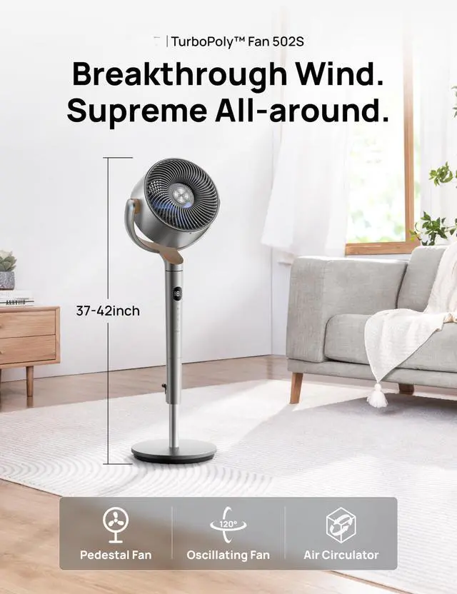 Alt view image 2 of 7 - Standing Fan, 120°+120° Smart Oscillating Floor Fans with Wi-Fi/Voice Control, 90 ft Fan For Bedroom, DC Motor Quiet Fans, Adjustable Height, 8 Speeds, 6 Modes, 12H Timer, Office, Room