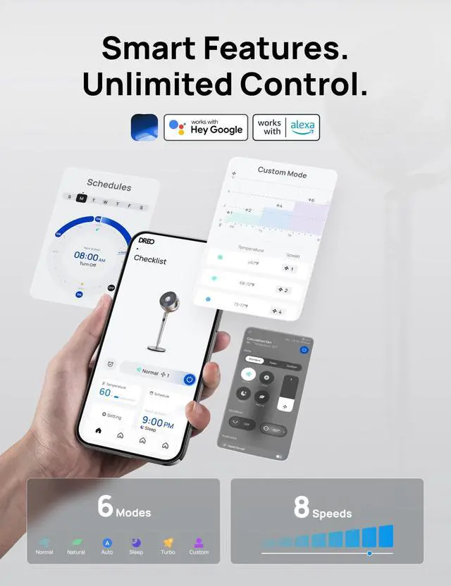 Alt view image 5 of 7 - Standing Fan, 120°+120° Smart Oscillating Floor Fans with Wi-Fi/Voice Control, 90 ft Fan For Bedroom, DC Motor Quiet Fans, Adjustable Height, 8 Speeds, 6 Modes, 12H Timer, Office, Room
