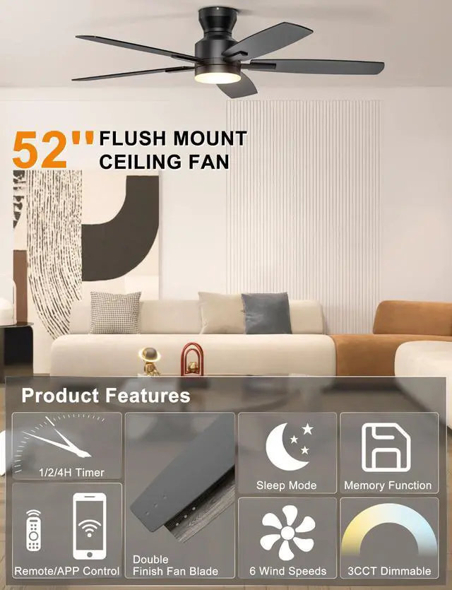Alt view image 2 of 7 - 52'' Low Profile Ceiling Fan with Lights, Remote/APP Control, Black