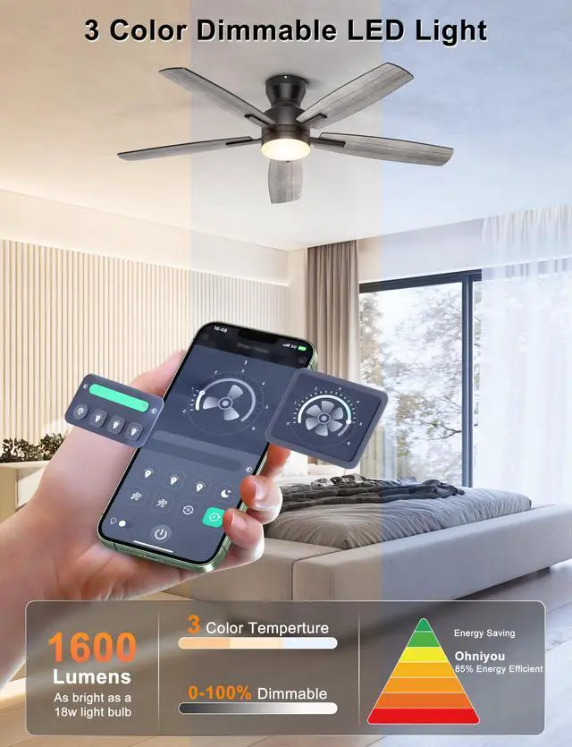 Alt view image 3 of 7 - 52'' Low Profile Ceiling Fan with Lights, Remote/APP Control, Black