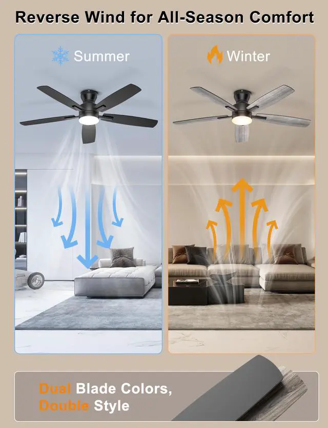 Alt view image 5 of 7 - 52'' Low Profile Ceiling Fan with Lights, Remote/APP Control, Black