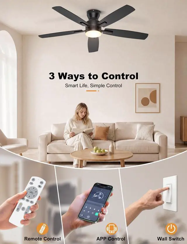 Alt view image 7 of 7 - 52'' Low Profile Ceiling Fan with Lights, Remote/APP Control, Black