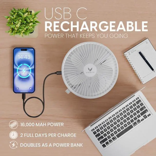 Alt view image 7 of 7 - Portable Fan - Wireless Battery Operated Fan - 4 Speeds - LED Lighting - Carry Case & Remote Control - Cruise Travel - Outdoor Travel RV Power Bank With USB-C Port (White with Case)