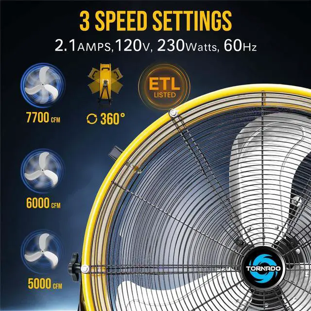 Alt view image 3 of 7 - 24 Inch High Velocity Heavy Duty Tilt Metal Drum Fan Yellow Commercial, Industrial Use 3 Speed 7700 CFM 1/3 HP 8 FT Cord ETL Safety Listed (YELLOW)