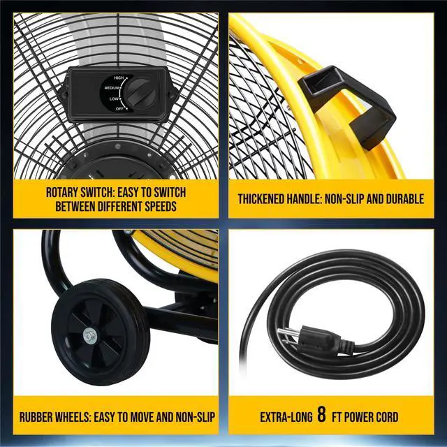 Alt view image 5 of 7 - 24 Inch High Velocity Heavy Duty Tilt Metal Drum Fan Yellow Commercial, Industrial Use 3 Speed 7700 CFM 1/3 HP 8 FT Cord ETL Safety Listed (YELLOW)