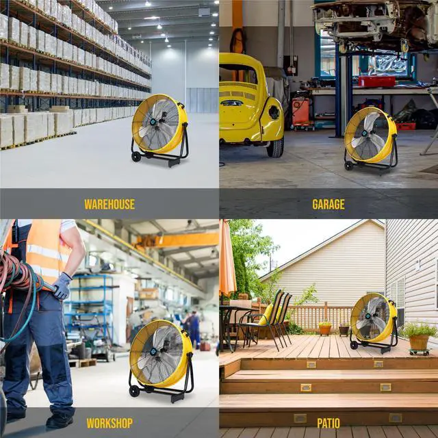 Alt view image 7 of 7 - 24 Inch High Velocity Heavy Duty Tilt Metal Drum Fan Yellow Commercial, Industrial Use 3 Speed 7700 CFM 1/3 HP 8 FT Cord ETL Safety Listed (YELLOW)