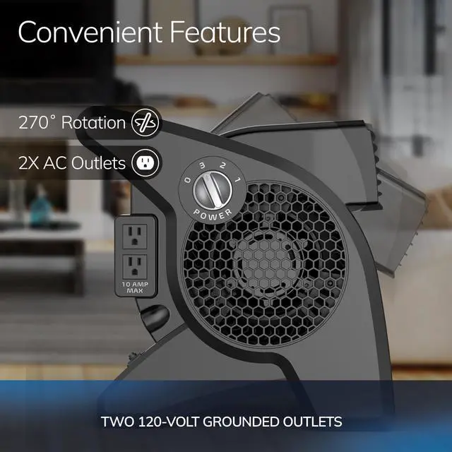 Alt view image 4 of 6 - High Velocity Fan, 15", 375 CFM, Professional Utility Pivoting Blower Fan with 3 Speeds, 2 Accessory Outlets, 120V, Black, Model U15617