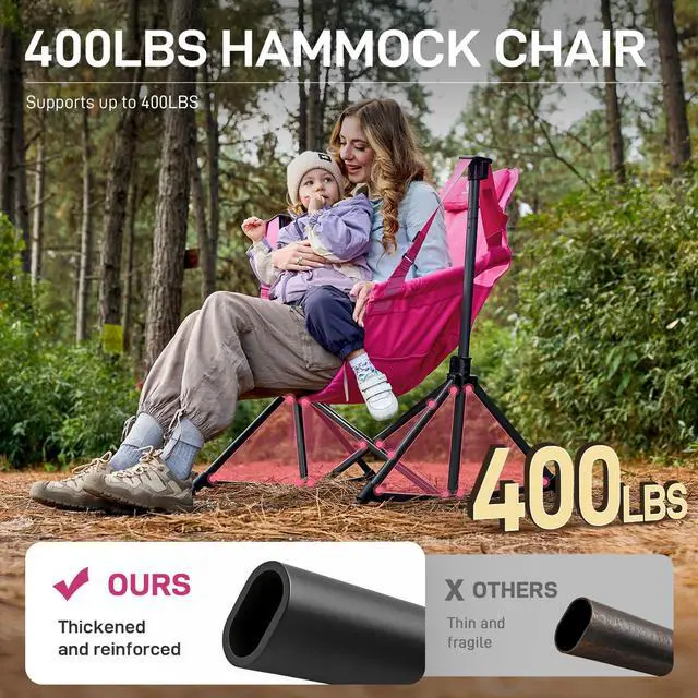 Alt view image 2 of 7 - Padded Oversized Hammock Camping Chair, Compact Heavy Duty Swing Chair with Multi-Storage Pockets, Portable Folding Rocking Camping Chair, Support Up to 400lbs, Pink