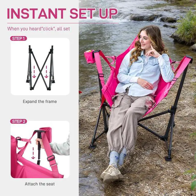 Alt view image 3 of 7 - Padded Oversized Hammock Camping Chair, Compact Heavy Duty Swing Chair with Multi-Storage Pockets, Portable Folding Rocking Camping Chair, Support Up to 400lbs, Pink