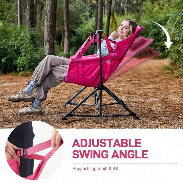 Alt view image 6 of 7 - Padded Oversized Hammock Camping Chair, Compact Heavy Duty Swing Chair with Multi-Storage Pockets, Portable Folding Rocking Camping Chair, Support Up to 400lbs, Pink