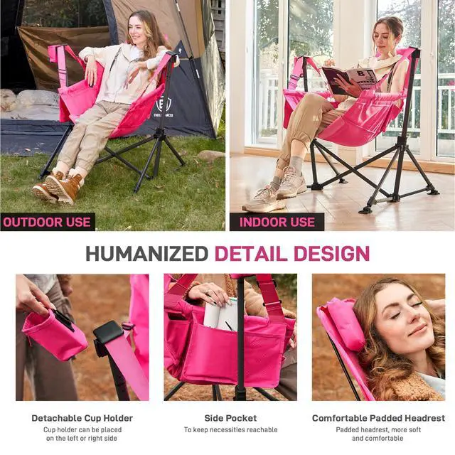 Alt view image 7 of 7 - Padded Oversized Hammock Camping Chair, Compact Heavy Duty Swing Chair with Multi-Storage Pockets, Portable Folding Rocking Camping Chair, Support Up to 400lbs, Pink