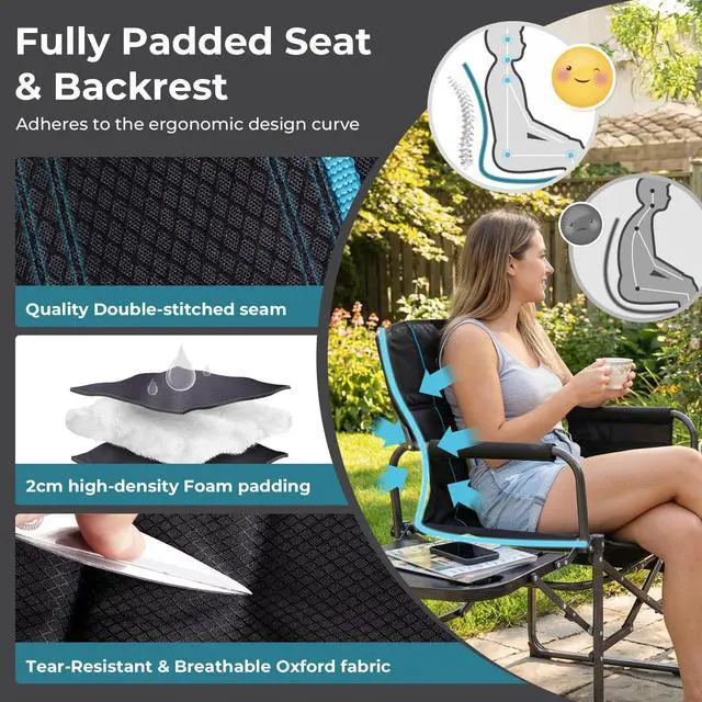 Alt view image 3 of 7 - Oversized Folding Chairs for Outside, Fully Padded Camping Director Chair for Adults, Support 450lbs Portable lawn chairs with Side Table, Side Pockets for outdoor Camp, Picnic, Lawn, Concert