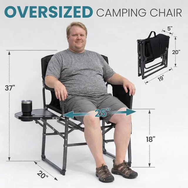 Alt view image 2 of 7 - Oversized Folding Chairs for Outside, Fully Padded Camping Director Chair for Adults, Support 450lbs Portable lawn chairs with Side Table, Side Pockets for outdoor Camp, Picnic, Lawn, Concert