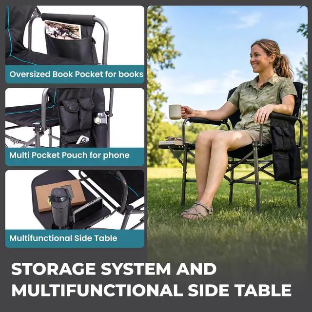 Alt view image 4 of 7 - Oversized Folding Chairs for Outside, Fully Padded Camping Director Chair for Adults, Support 450lbs Portable lawn chairs with Side Table, Side Pockets for outdoor Camp, Picnic, Lawn, Concert