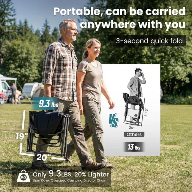 Alt view image 5 of 7 - Oversized Folding Chairs for Outside, Fully Padded Camping Director Chair for Adults, Support 450lbs Portable lawn chairs with Side Table, Side Pockets for outdoor Camp, Picnic, Lawn, Concert