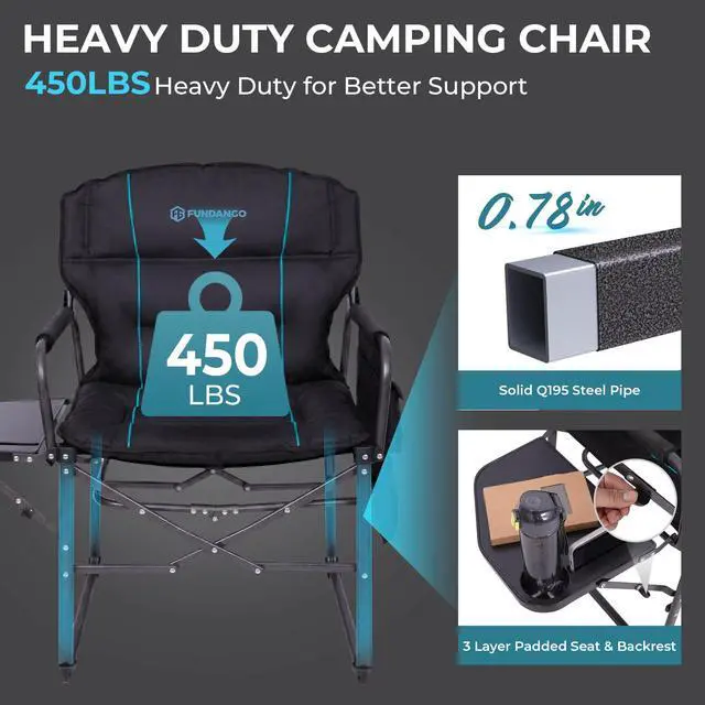 Alt view image 6 of 7 - Oversized Folding Chairs for Outside, Fully Padded Camping Director Chair for Adults, Support 450lbs Portable lawn chairs with Side Table, Side Pockets for outdoor Camp, Picnic, Lawn, Concert