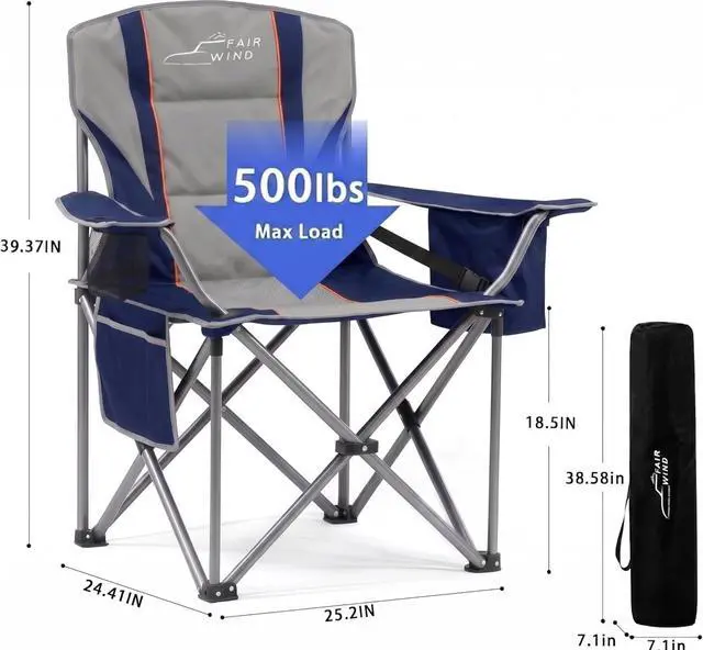 Alt view image 3 of 7 - Fully Padded Oversized Camping Chair for Adults Heavy Duty Folding Lawn Chair with Adjustable Lumbar Support, Cooler Bag & Cup Holder for Outdoor, Sports, Beach - Support 500LBS, 2 Pack