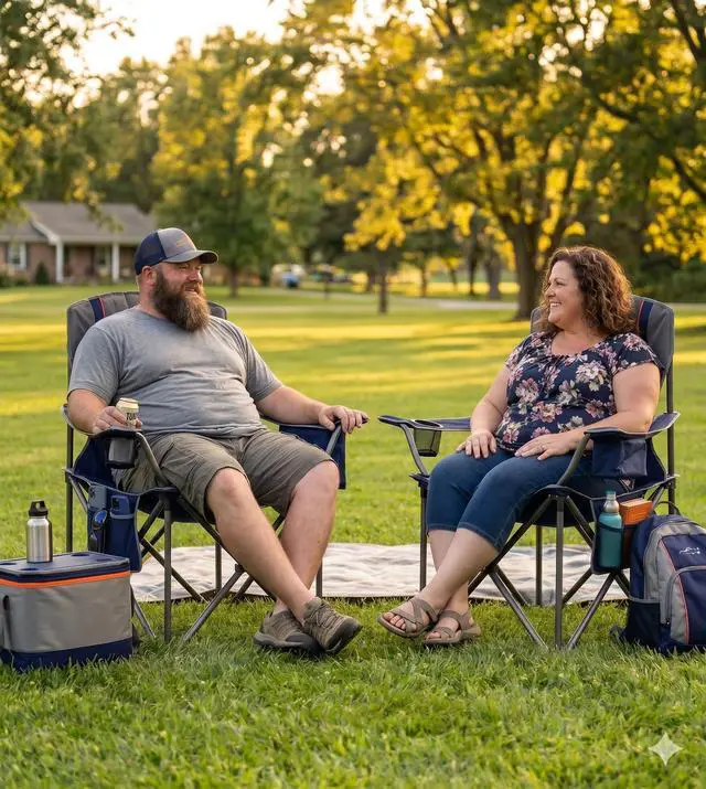 Alt view image 2 of 7 - Fully Padded Oversized Camping Chair for Adults Heavy Duty Folding Lawn Chair with Adjustable Lumbar Support, Cooler Bag & Cup Holder for Outdoor, Sports, Beach - Support 500LBS, 2 Pack