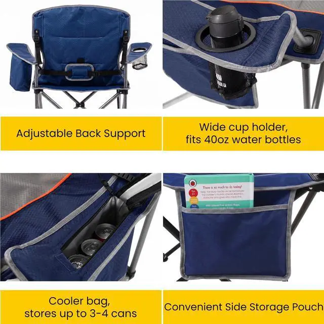 Alt view image 7 of 7 - Fully Padded Oversized Camping Chair for Adults Heavy Duty Folding Lawn Chair with Adjustable Lumbar Support, Cooler Bag & Cup Holder for Outdoor, Sports, Beach - Support 500LBS, 2 Pack