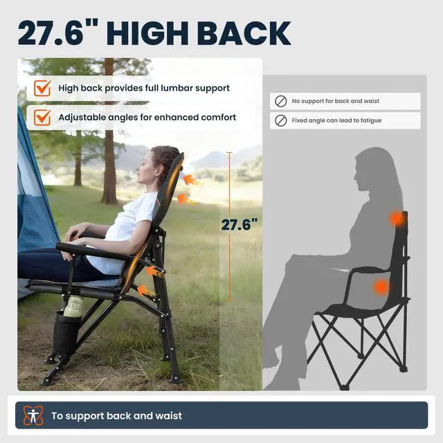 Alt view image 3 of 7 - Camping Chair with Lumbar Support for Adults - Oversized with High Back Supports 450 LBS - Heavy Duty Folding Chair Portable for Outdoor Lawn Patio Balcony with Patent No.: US D1.028.543 S