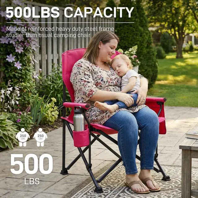Alt view image 2 of 7 - Oversized Folding Women Camping Chair, for Adults Heavy Duty Lawn Chair with Side Pockets, Portable Collapsible Quad Chair for Outside, Support Up to 500lbs, Pink
