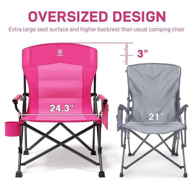 Alt view image 3 of 7 - Oversized Folding Women Camping Chair, for Adults Heavy Duty Lawn Chair with Side Pockets, Portable Collapsible Quad Chair for Outside, Support Up to 500lbs, Pink