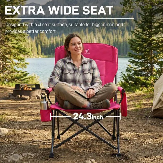 Alt view image 4 of 7 - Oversized Folding Women Camping Chair, for Adults Heavy Duty Lawn Chair with Side Pockets, Portable Collapsible Quad Chair for Outside, Support Up to 500lbs, Pink