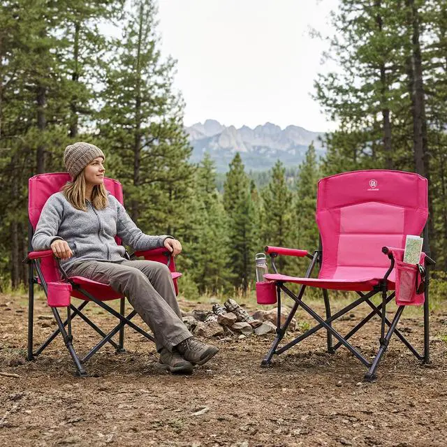 Alt view image 6 of 7 - Oversized Folding Women Camping Chair, for Adults Heavy Duty Lawn Chair with Side Pockets, Portable Collapsible Quad Chair for Outside, Support Up to 500lbs, Pink