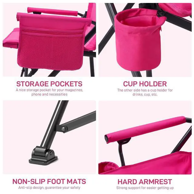 Alt view image 5 of 7 - Oversized Folding Women Camping Chair, for Adults Heavy Duty Lawn Chair with Side Pockets, Portable Collapsible Quad Chair for Outside, Support Up to 500lbs, Pink