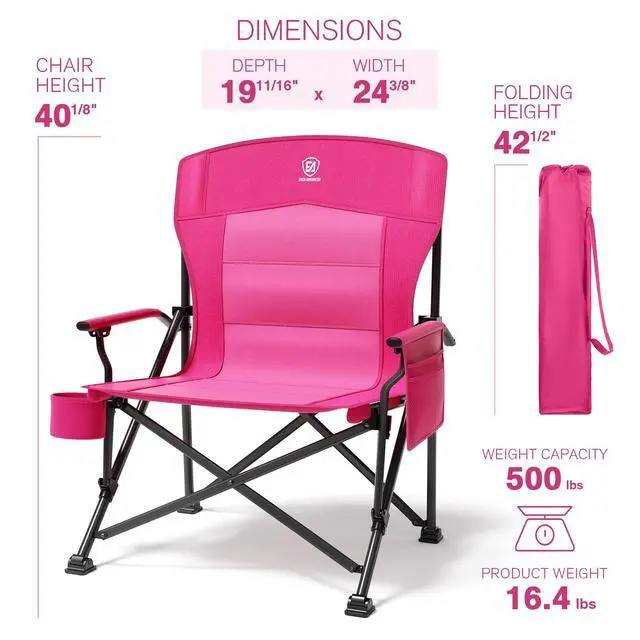 Alt view image 7 of 7 - Oversized Folding Women Camping Chair, for Adults Heavy Duty Lawn Chair with Side Pockets, Portable Collapsible Quad Chair for Outside, Support Up to 500lbs, Pink