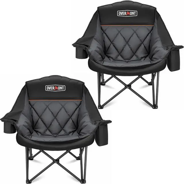 Main image of Oversized XL Camping Chair for Adults - 2 Packs 500lbs Support Heavy-Duty Padded Folding Chair with Side Pocket Cup Holder Cooling Bag for Outdoor Sports Garden Beach Fishing Lawn Black