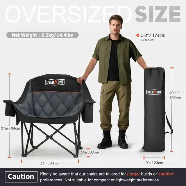Alt view image 2 of 7 - Oversized XL Camping Chair for Adults - 2 Packs 500lbs Support Heavy-Duty Padded Folding Chair with Side Pocket Cup Holder Cooling Bag for Outdoor Sports Garden Beach Fishing Lawn Black