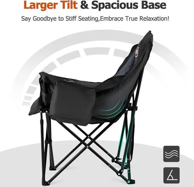 Alt view image 5 of 7 - Oversized XL Camping Chair for Adults - 2 Packs 500lbs Support Heavy-Duty Padded Folding Chair with Side Pocket Cup Holder Cooling Bag for Outdoor Sports Garden Beach Fishing Lawn Black
