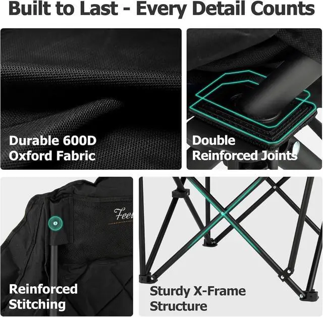 Alt view image 7 of 7 - Oversized XL Camping Chair for Adults - 2 Packs 500lbs Support Heavy-Duty Padded Folding Chair with Side Pocket Cup Holder Cooling Bag for Outdoor Sports Garden Beach Fishing Lawn Black