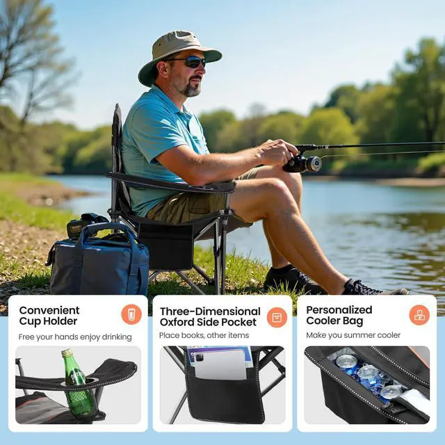 Alt view image 5 of 7 - 2 Pack Oversized Folding Camping Chairs Lawn Chairs Support 450 LBS Black