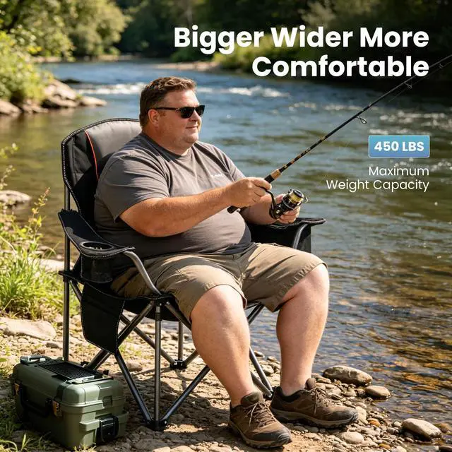 Alt view image 7 of 7 - 2 Pack Oversized Folding Camping Chairs Lawn Chairs Support 450 LBS Black