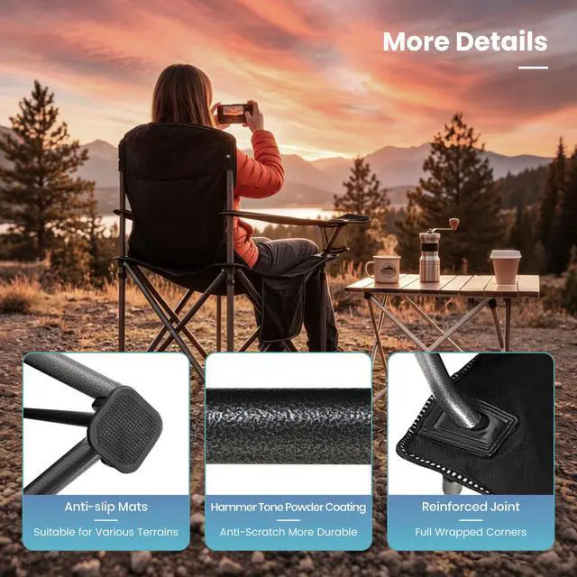 Alt view image 6 of 7 - 2 Pack Oversized Folding Camping Chairs Lawn Chairs Support 450 LBS Black