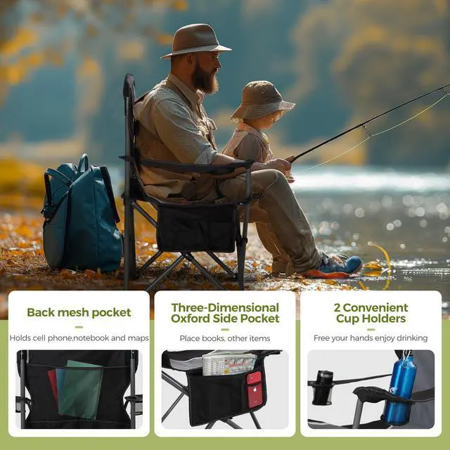 Alt view image 5 of 7 - Oversized Padded Arm Camping Chairs with Lumbar Support& Pocket
