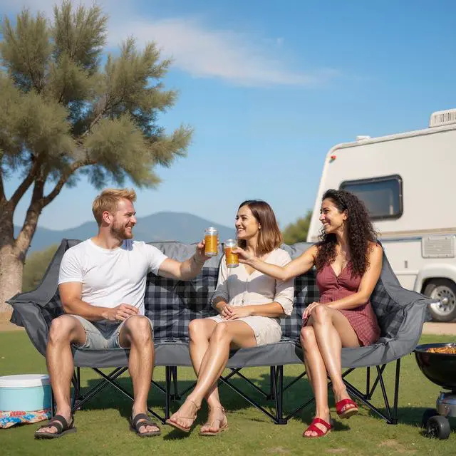 Alt view image 2 of 7 - 3 Person Camping Chair Padded Loveseat Camping Chair Folding Grey