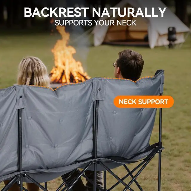 Alt view image 4 of 7 - 3 Person Camping Chair Padded Loveseat Camping Chair Folding Grey